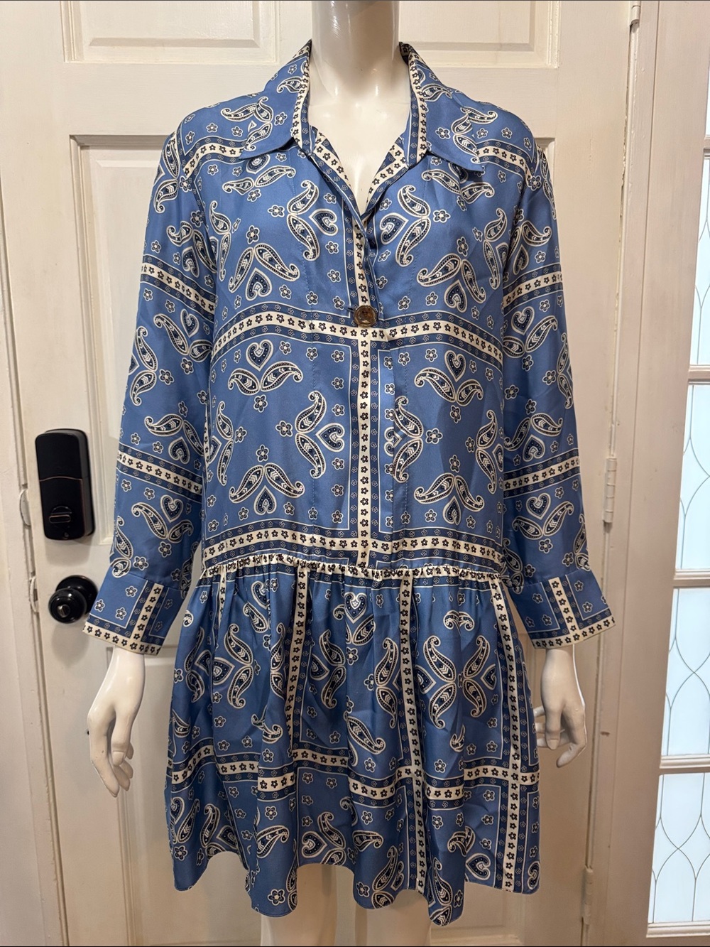 Sandro Blue Paisley Drop-Waist Long-Sleeve Women's Dress - Picture 3 of 16